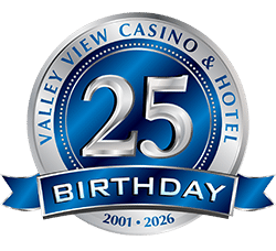 Valley View Casino 25-Year Celebration logo highlighting gaming, dining, and entertainment in Valley Center, California.